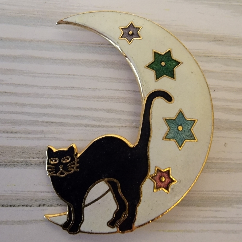 Vintage Black Cat Moon Brooch Enamel Crescent Moon Star Pin Whimsical Halloween